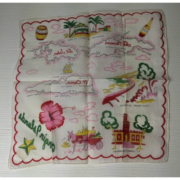Vintage Handkerchief 1950’s Virgin Islands Souvenir St Thomas croix John 13” Sq - Picture 5 of 5